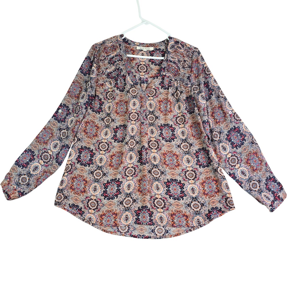 Black Rainn Blouse Womens Large Multi Color Paisley Boho Pintuck B15947PR1
